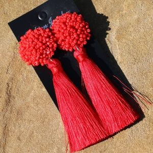 New! Large Red Boho Earrings Post Drop Tassels